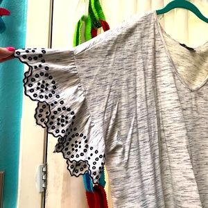 Super cute ruffle short eyelet sleeve Lane Bryant plus size shirt tan and black